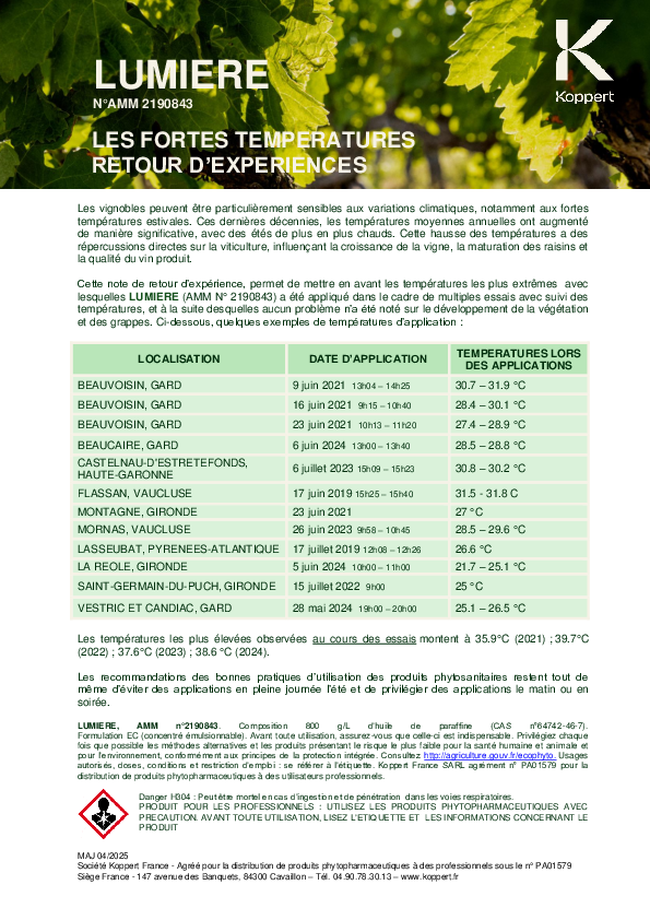 Lumiere note technique température